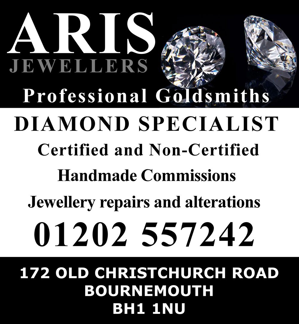 Aris Jewellers notice: diamond specialist, certified and non-certified stones, handmade commissions, jewellery repairs, 172 Old Christchurch Road, Bournemouth BH1 1NU